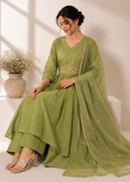 Olive Green Embroidered Mal Chanderi A-Line 3 Piece Suit Set