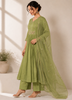 Olive Green Embroidered Mal Chanderi A-Line 3 Piece Suit Set