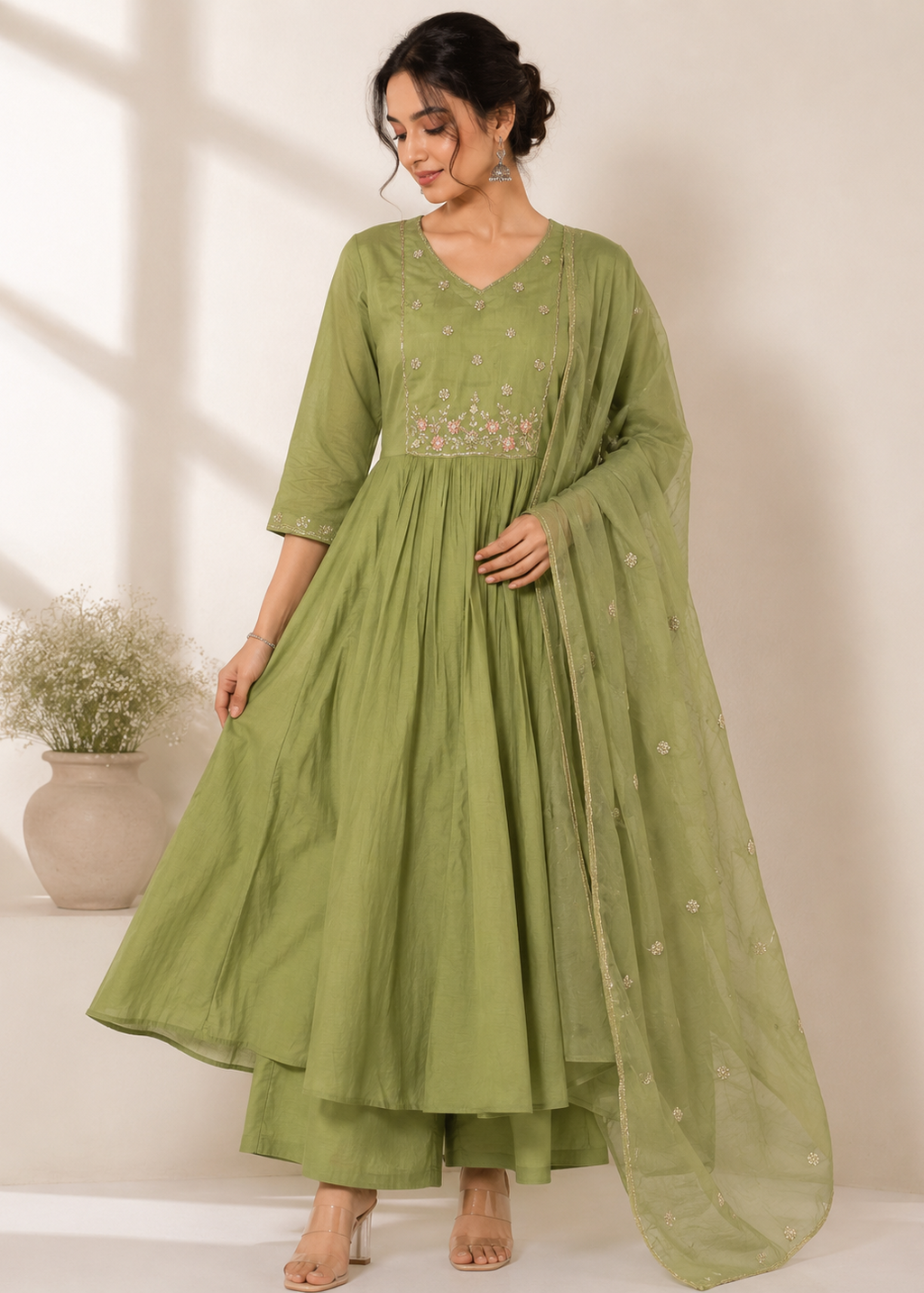 Olive Green Embroidered Mal Chanderi A-Line 3 Piece Suit Set