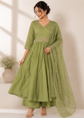 Olive Green Embroidered Mal Chanderi A-Line 3 Piece Suit Set