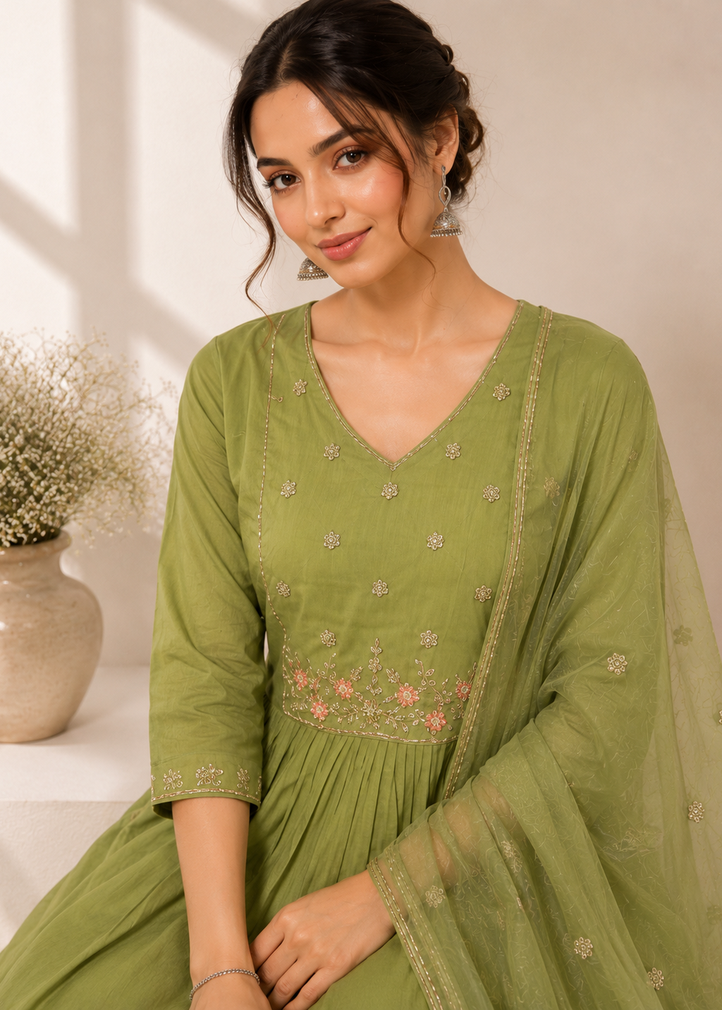 Olive Green Embroidered Mal Chanderi A-Line 3 Piece Suit Set