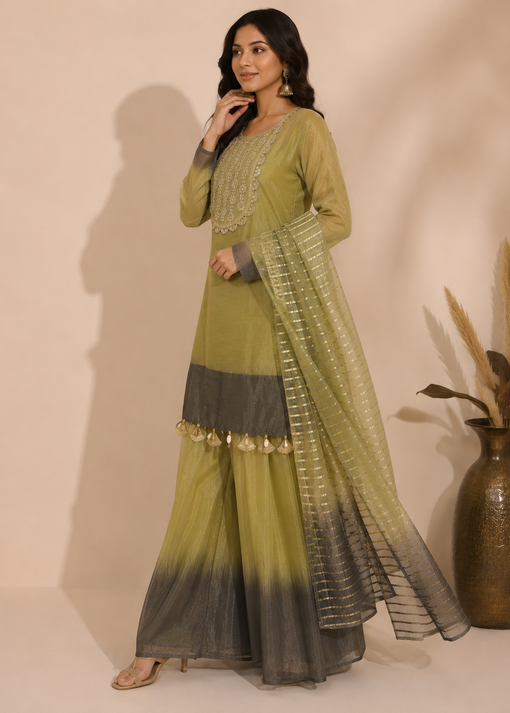 A woman models a traditional Indian outfit consisting of an olive green kurta with gold embroidery, wide-leg pleated pants with a dark-to-light gradient, and a matching sheer dupatta with gold patterns.