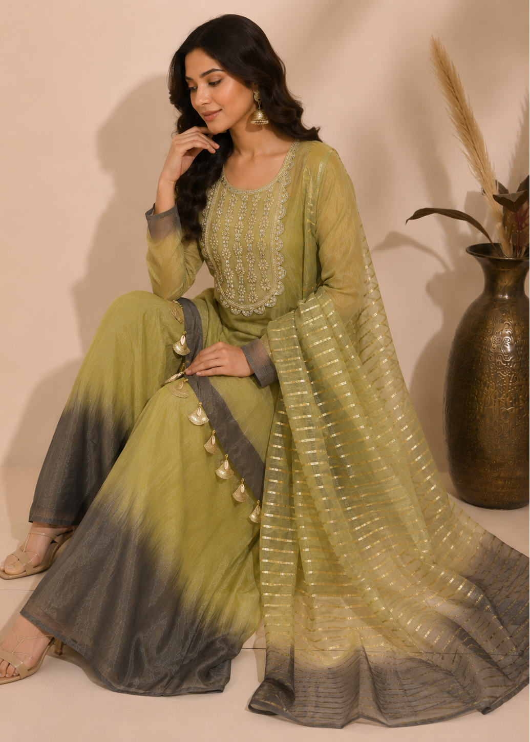A woman models a traditional Indian outfit consisting of an olive green and dark gray gradient salwar kameez set with a matching sheer dupatta draped over her lap, set against a beige wall with a decorative vase.