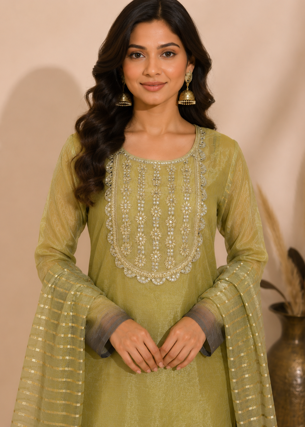A woman wearing a sage green traditional Indian salwar kameez set with intricate silver embroidery on the neckline and a matching embroidered dupatta, posed against a warm beige background.