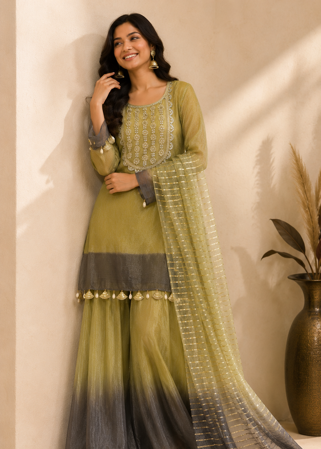 A woman models a traditional Indian salwar kameez suit in olive green with a dark gray ombré gradient and gold embroidery, paired with a matching sheer dupatta, set against a warm beige wall with decorative shadows.