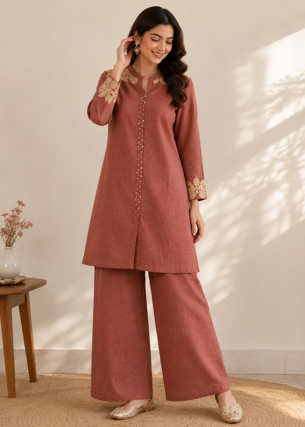 A woman models a two-piece dusty rose kurta and wide-leg trouser set with beige floral embroidery on the collar, cuffs, and button placket, set against a warm beige wall with soft leaf shadows.