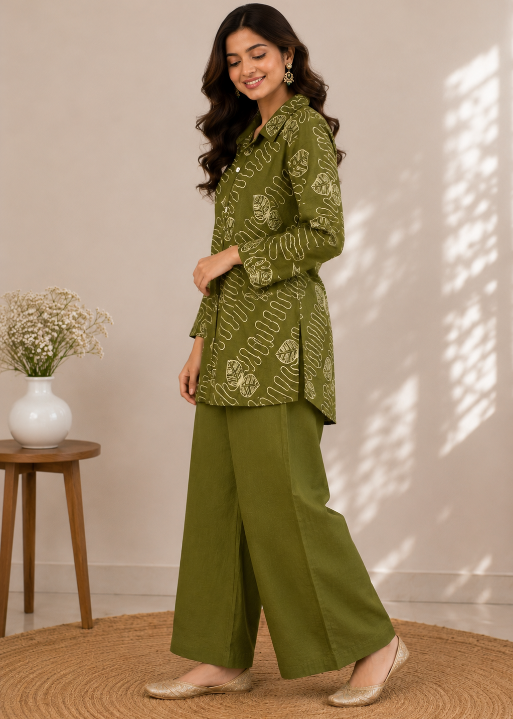 A woman models a two-piece olive green and beige printed kurta set, consisting of a long-sleeve button-up shirt and matching wide-leg trousers, standing in a styled indoor setting with warm sunlight and shadows.