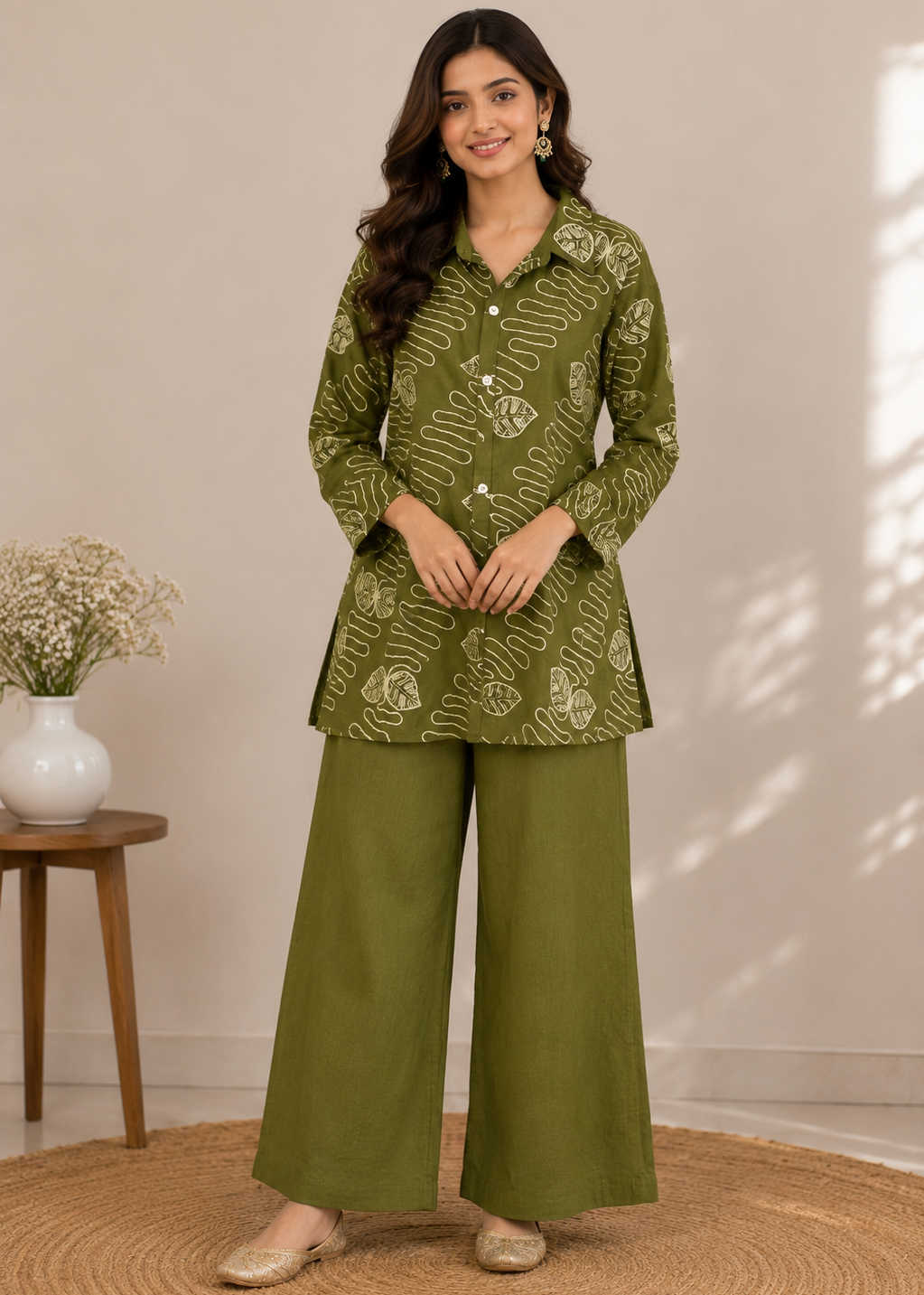 A woman models a two-piece olive green kurta set with a white abstract pattern, consisting of a long-sleeve button-up top and matching wide-leg trousers, standing on a round woven rug.