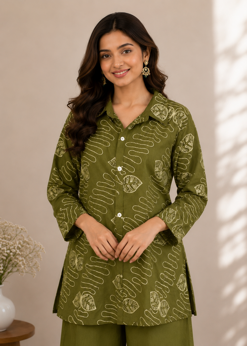 A woman modeling an olive green kurta with a beige abstract pattern, paired with matching olive green trousers, set against a warm beige background with soft window shadow patterns.