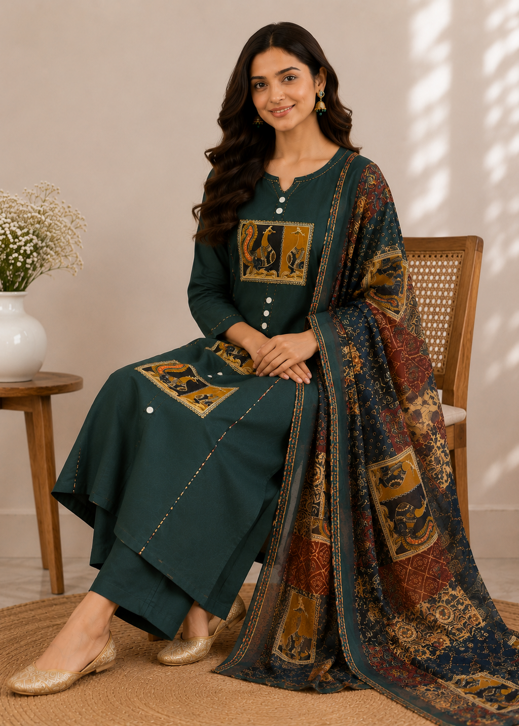 A woman seated on a wooden chair wearing a dark teal traditional outfit with ornate gold and brown embroidered panels and a matching patterned dupatta. The setting is indoors with a neutral beige wall, a small side table with a white vase of flowers, and soft shadow light across the background.