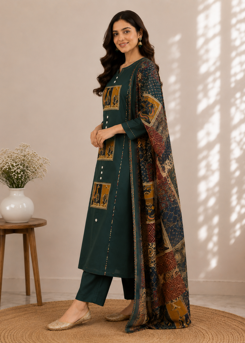 A woman models a dark teal green three-piece salwar kameez suit with gold and brown printed patchwork details on the kurta and pants, paired with a matching patterned dupatta, in a warm-toned indoor setting.