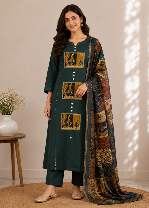 A woman models a dark teal green ethnic salwar kameez suit with three gold-bordered embroidered panels on the front, matching trousers, and a patterned dupatta draped over her shoulder, set against a warm beige wall with soft window shadow patterns.
