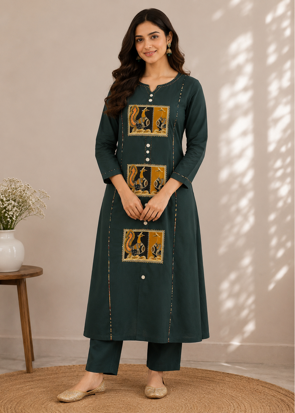 A woman models a dark teal green kurta set with three gold and black embroidered panels on the front, paired with matching pants. She is standing in a warm, neutral-toned room with soft leaf shadows on the wall.