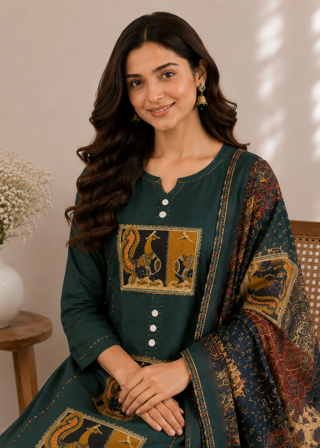A woman wearing a dark teal green traditional Indian salwar kameez suit with gold and brown printed motifs on the chest and dupatta, seated in a warm indoor setting.
