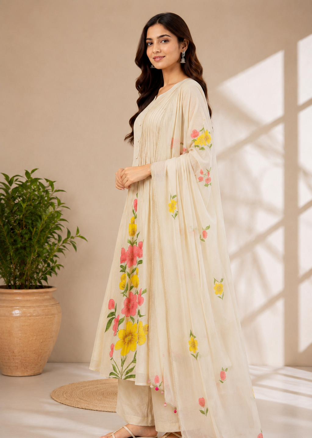 Ivory Blossom A-Line Mul Chanderi Kurti Set with Floral Dupatta