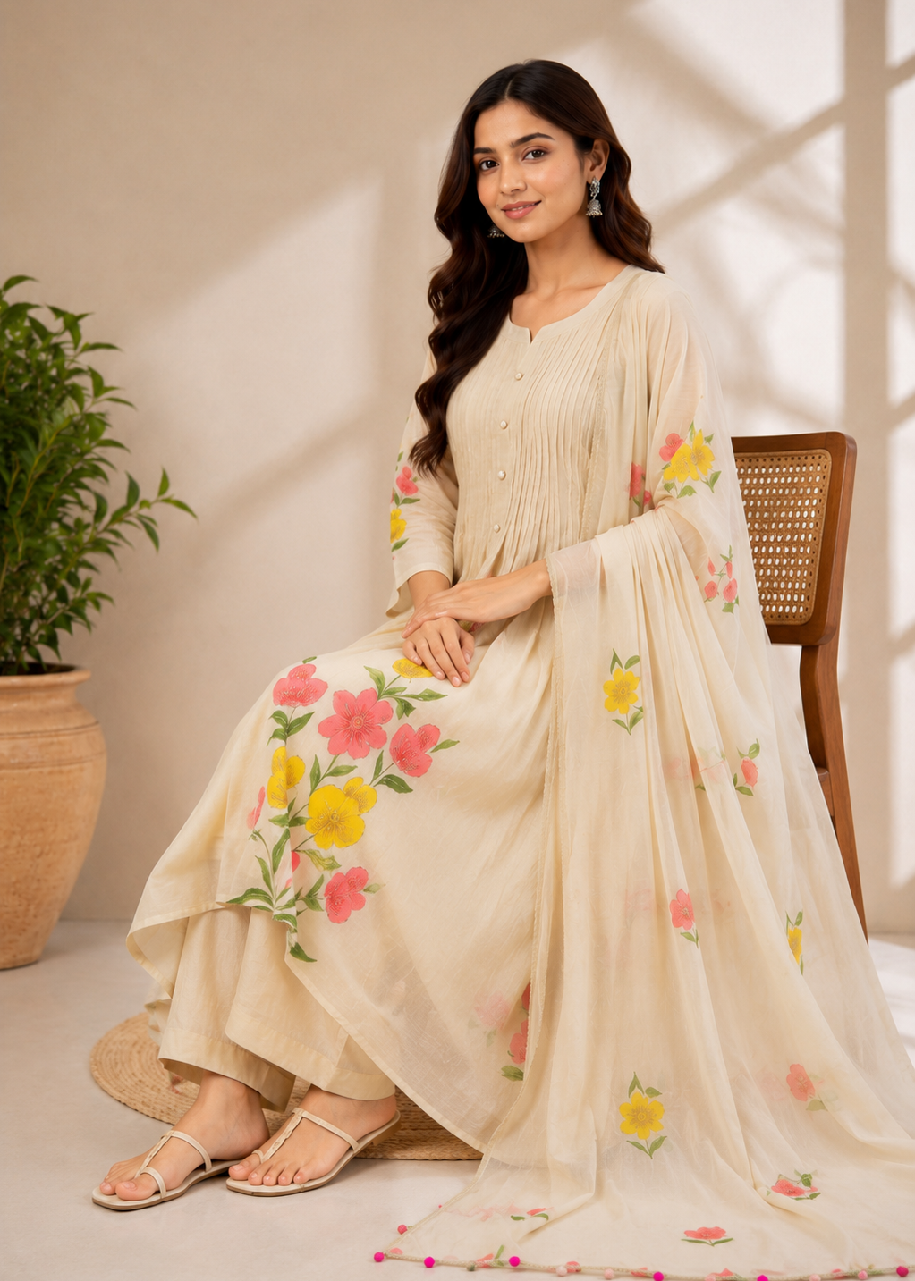 Ivory Blossom A-Line Mul Chanderi Kurti Set with Floral Dupatta
