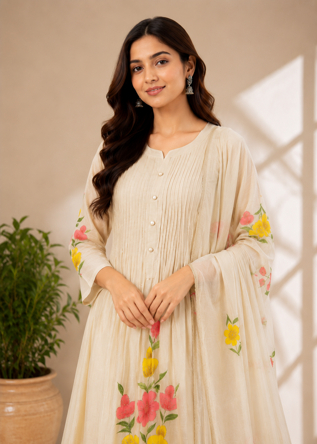 A woman wearing a cream-colored, long-sleeved, button-up traditional dress with pink and yellow floral embroidery, standing in a softly lit indoor setting.