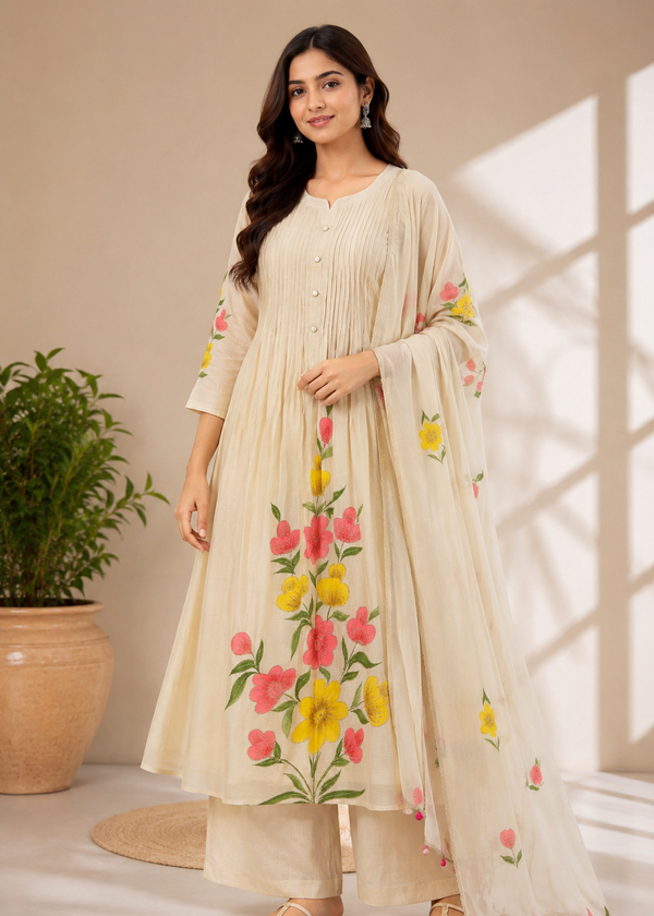 A woman models a traditional Indian outfit consisting of a cream-colored kurta with colorful floral embroidery, matching pants, and a sheer dupatta, set against a warm beige background with soft window shadows.