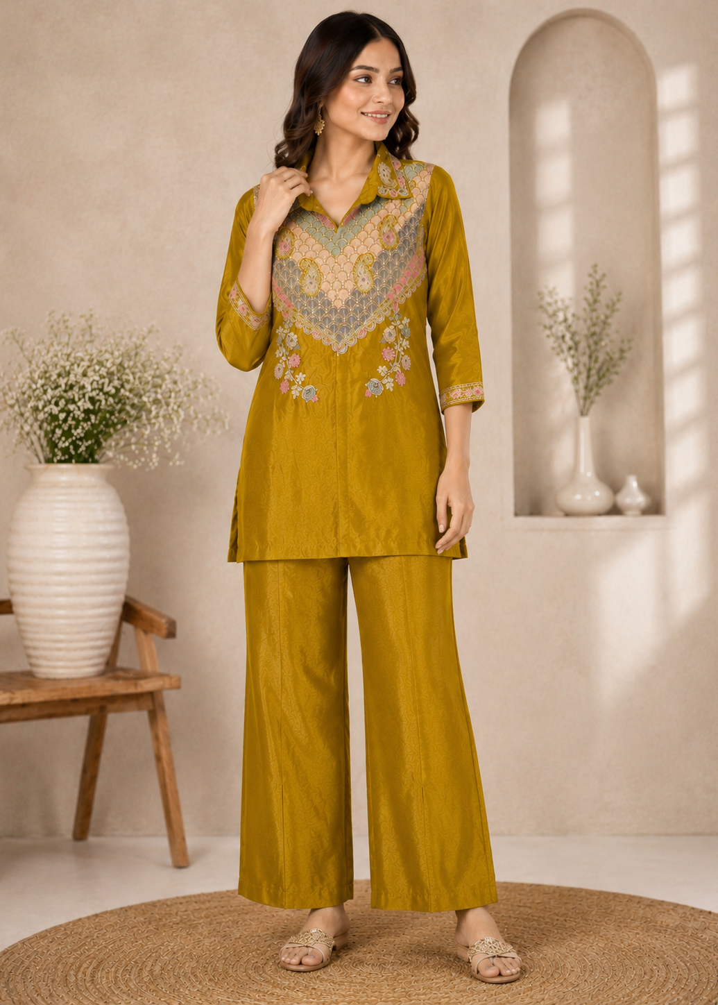 A woman models a mustard yellow two-piece kurta and trouser set with intricate multicolor embroidery on the chest, set against a warm beige interior background with decorative vases.