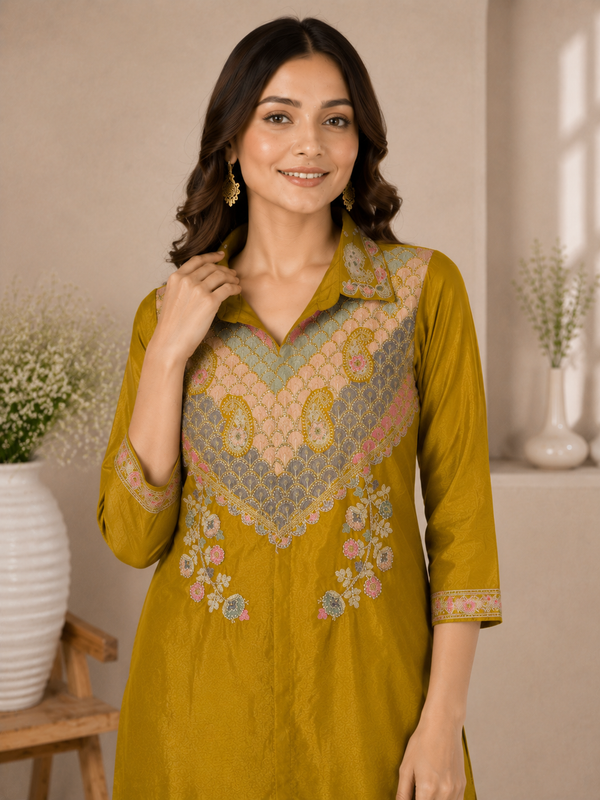 A woman wearing a mustard yellow kurta with intricate multicolor embroidery on the chest and cuffs, standing in a softly lit indoor setting with decorative vases.