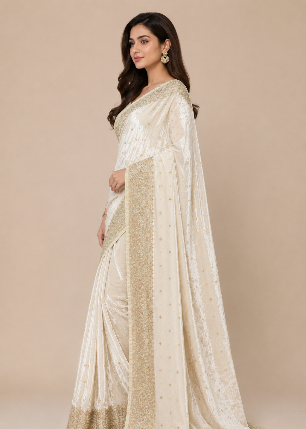 Ivory Velvet Saree With Gold Embroidered Border