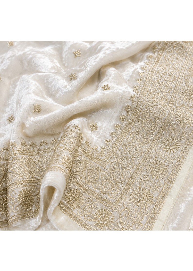 Ivory Velvet Saree With Gold Embroidered Border
