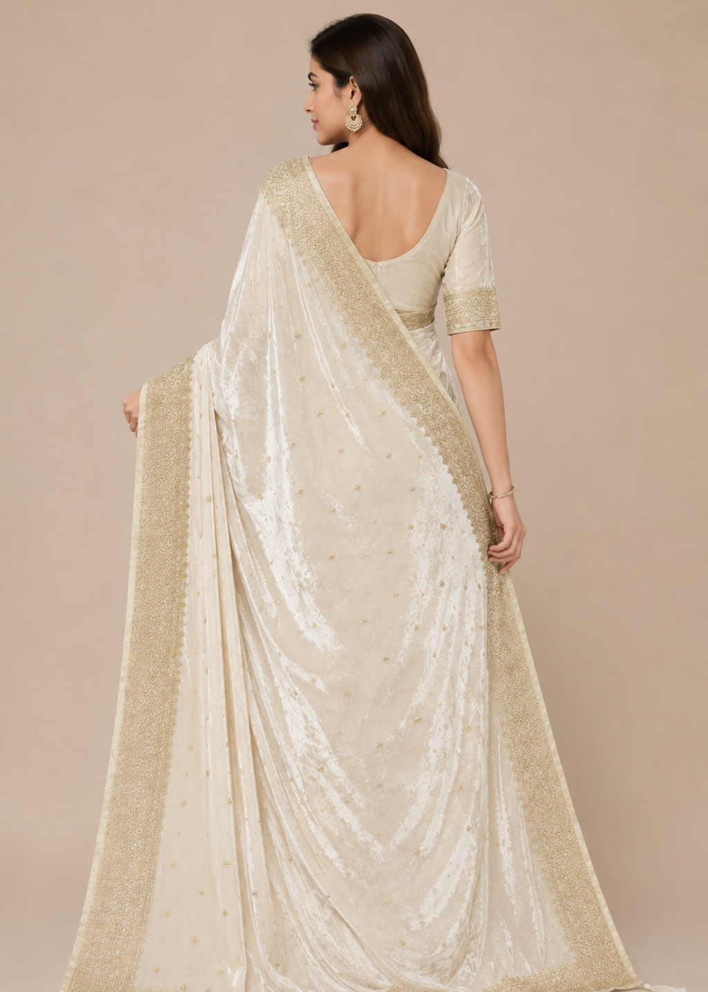 Ivory Velvet Saree With Gold Embroidered Border