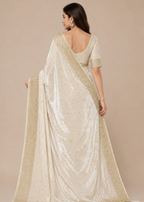 Ivory Velvet Saree With Gold Embroidered Border