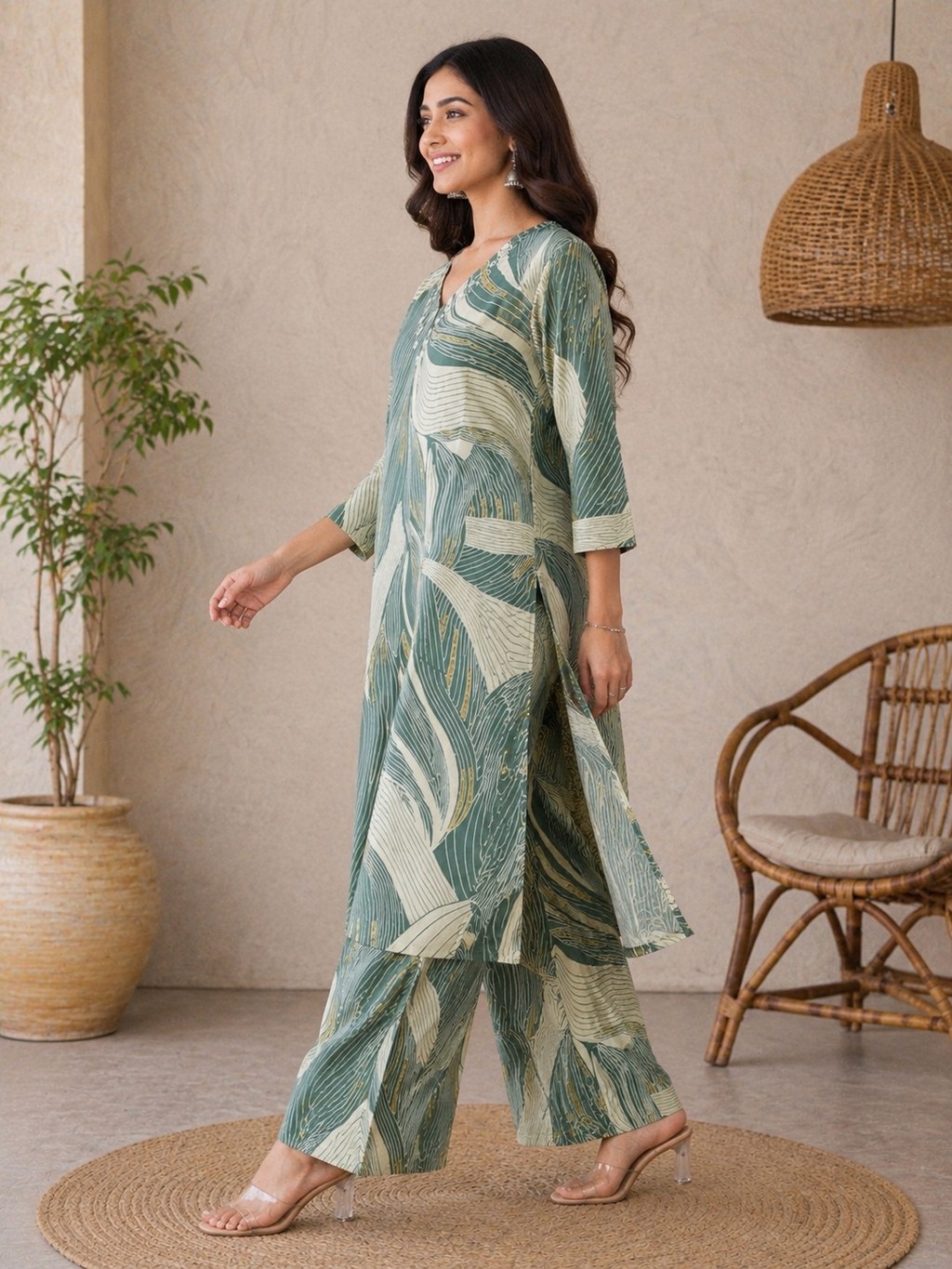 Sage Green Abstract Printed Kurta Palazzo Set for Women