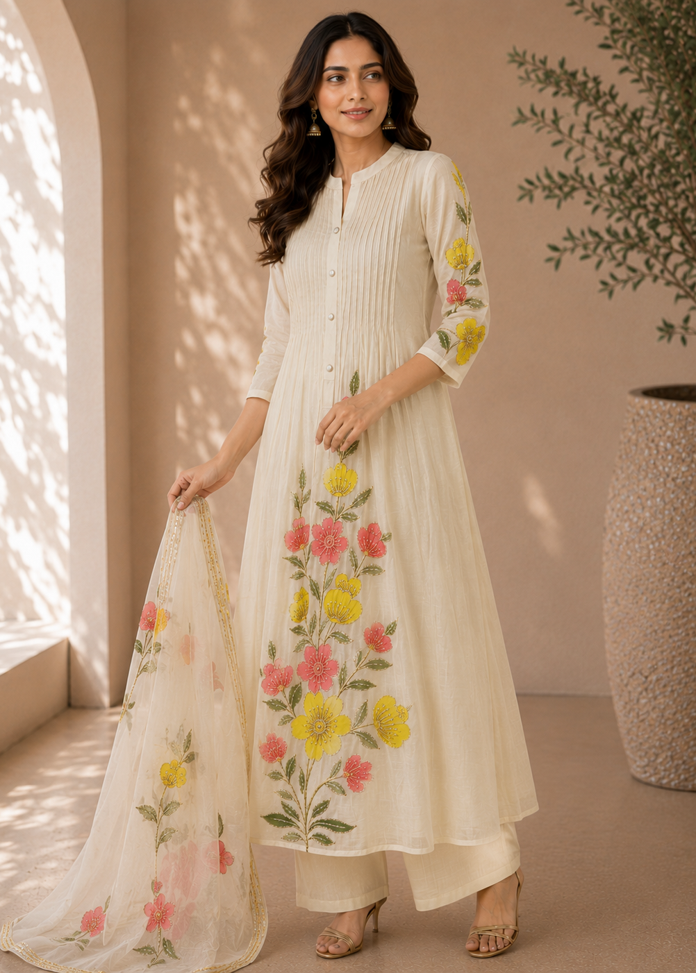 A woman models a cream-colored three-piece traditional Indian outfit, featuring a long-sleeved button-up kurta with colorful floral embroidery, matching trousers, and a coordinating dupatta, set against a warm beige architectural background.