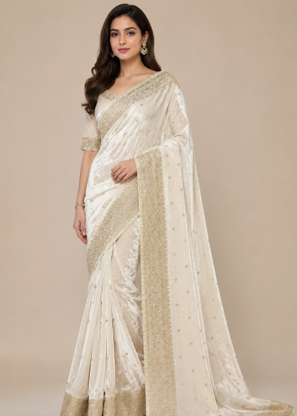 Ivory Velvet Saree With Gold Embroidered Border