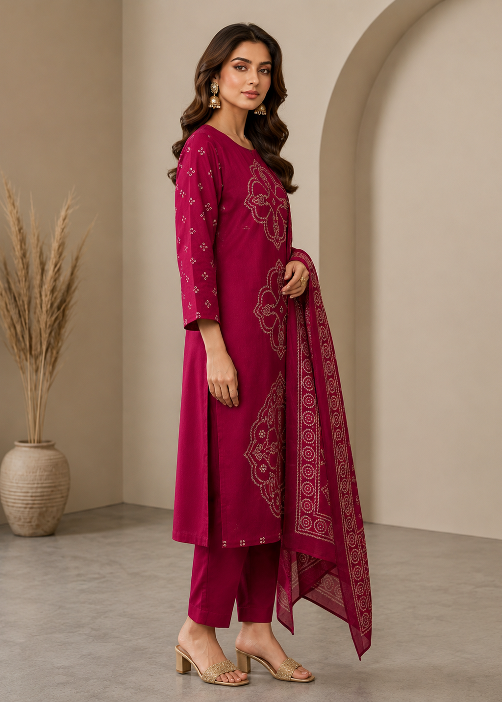 Magenta Dabu Placement Print Kurta Set With Dupatta