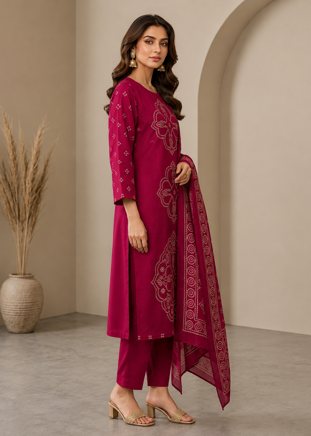 Magenta Dabu Placement Print Kurta Set With Dupatta