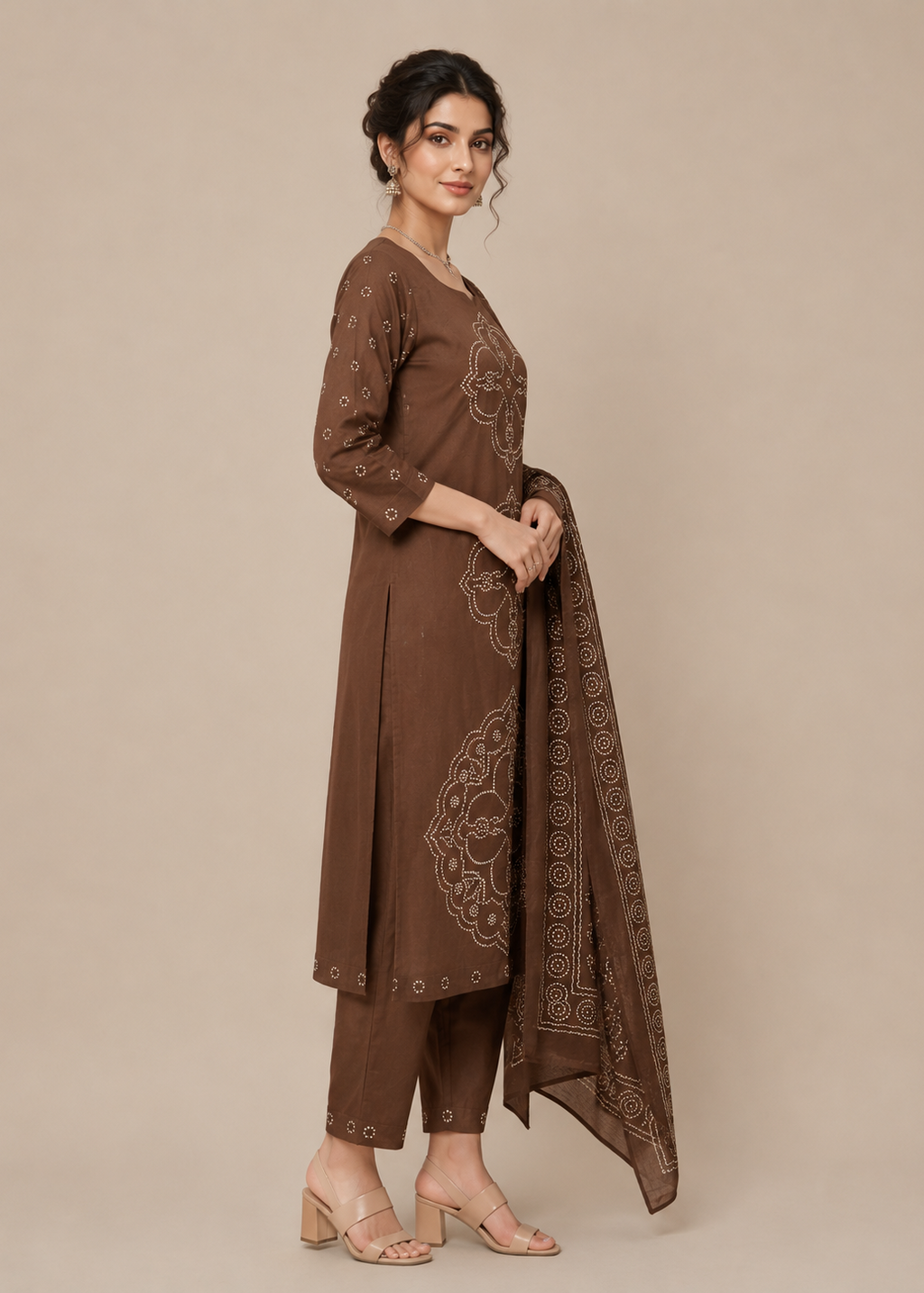 Chocolate Brown Dabu Placement Print Kurta Set With Dupatta
