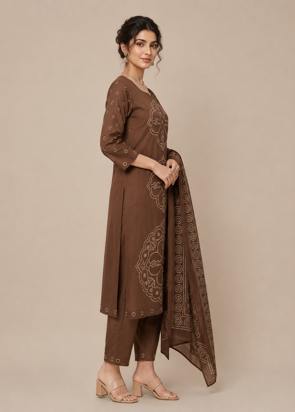 Chocolate Brown Dabu Placement Print Kurta Set With Dupatta