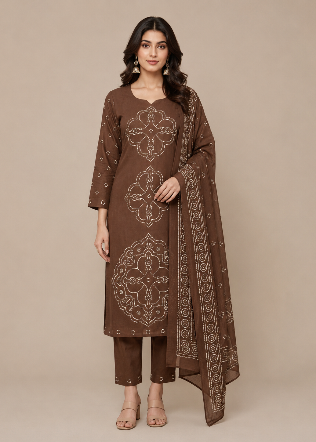 Chocolate Brown Dabu Placement Print Kurta Set With Dupatta
