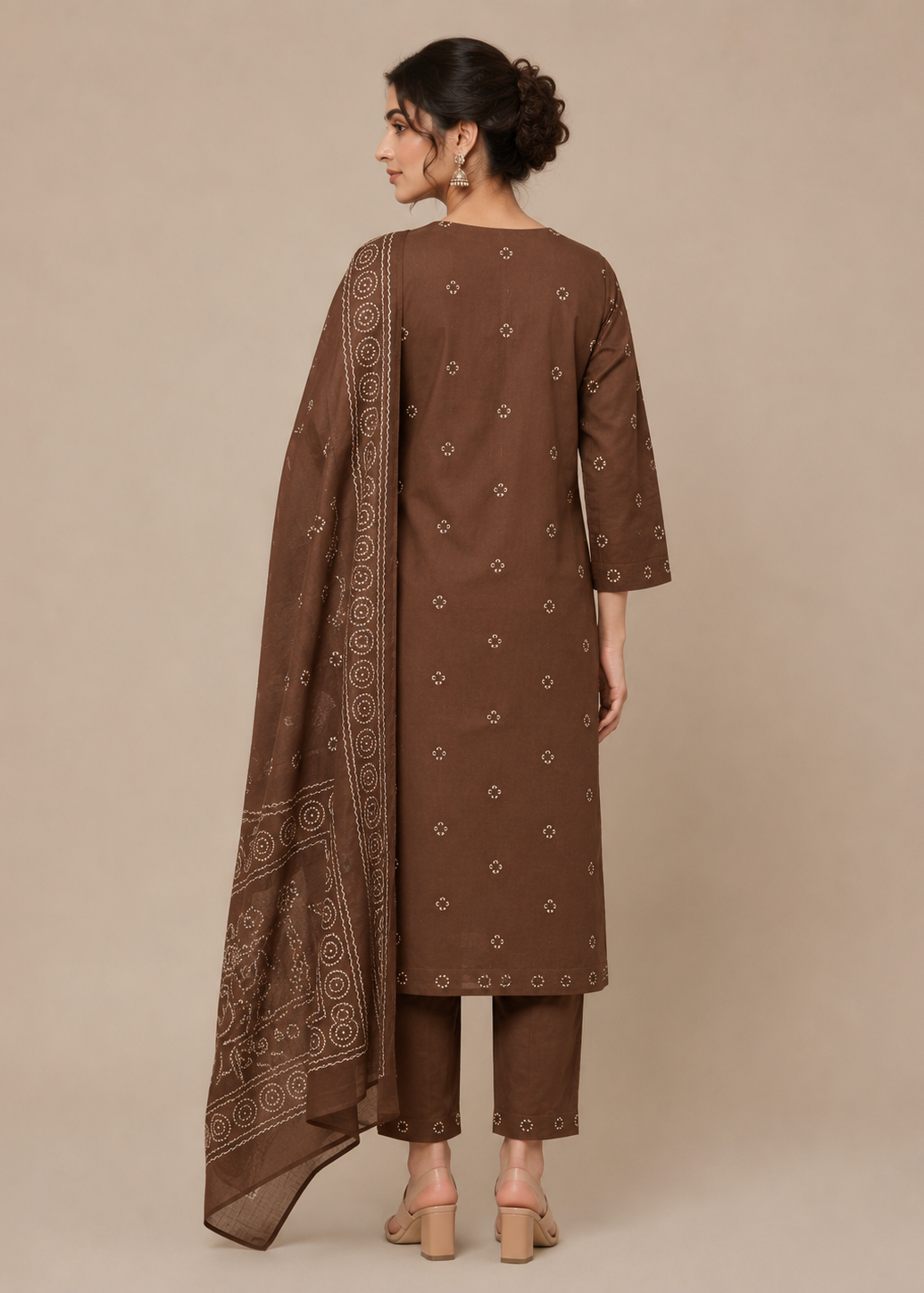 Chocolate Brown Dabu Placement Print Kurta Set With Dupatta