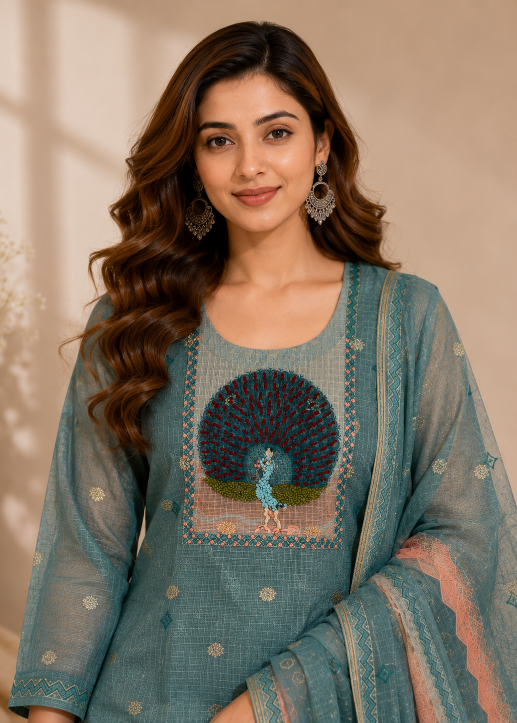 A woman wearing a teal blue ethnic salwar kameez suit with a detailed peacock embroidery on the chest, paired with a matching sheer dupatta.