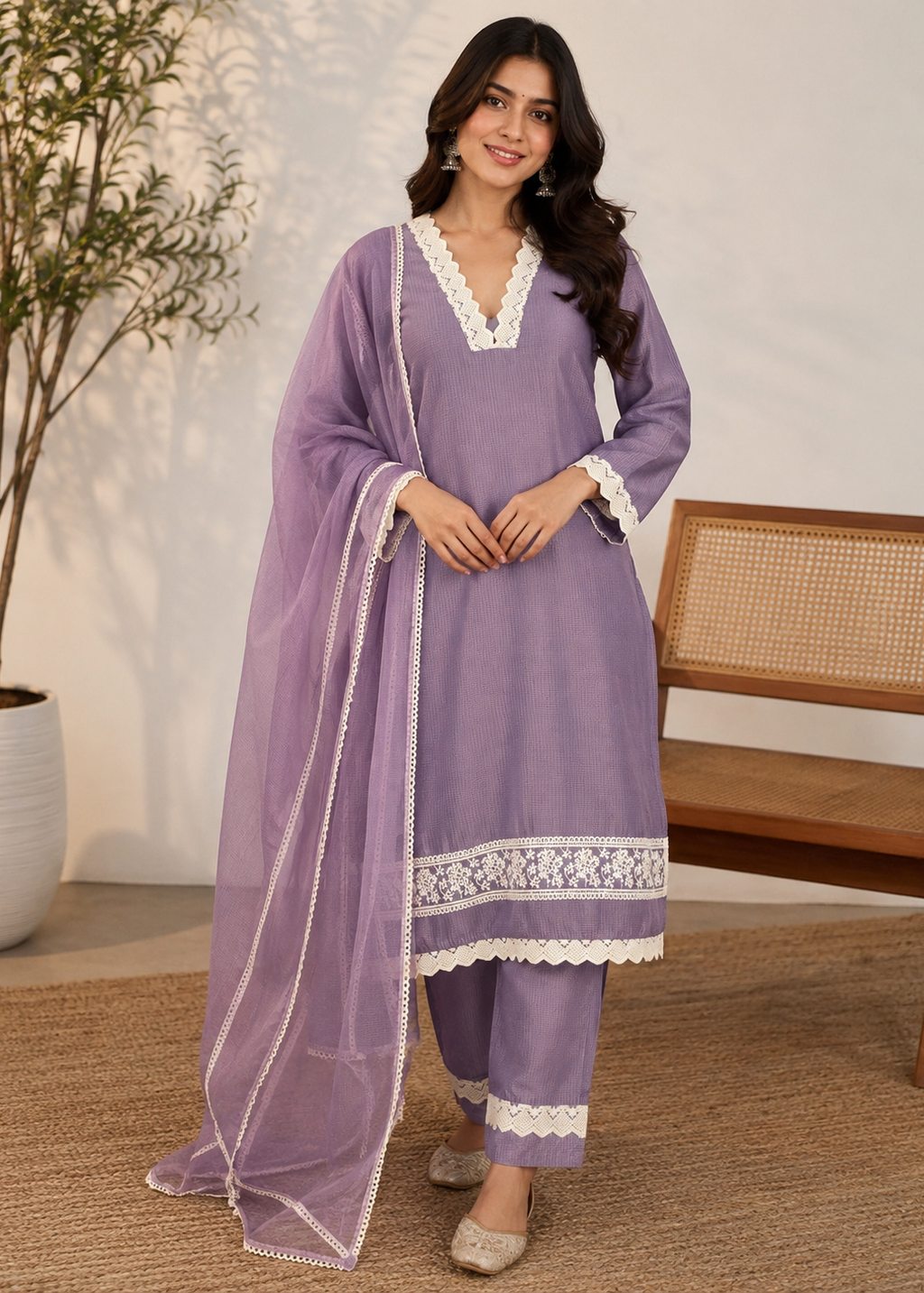 A woman models a lavender purple traditional Indian salwar kameez suit with white lace trim, featuring a matching sheer dupatta, in a styled indoor setting with a wooden chair and potted plant.