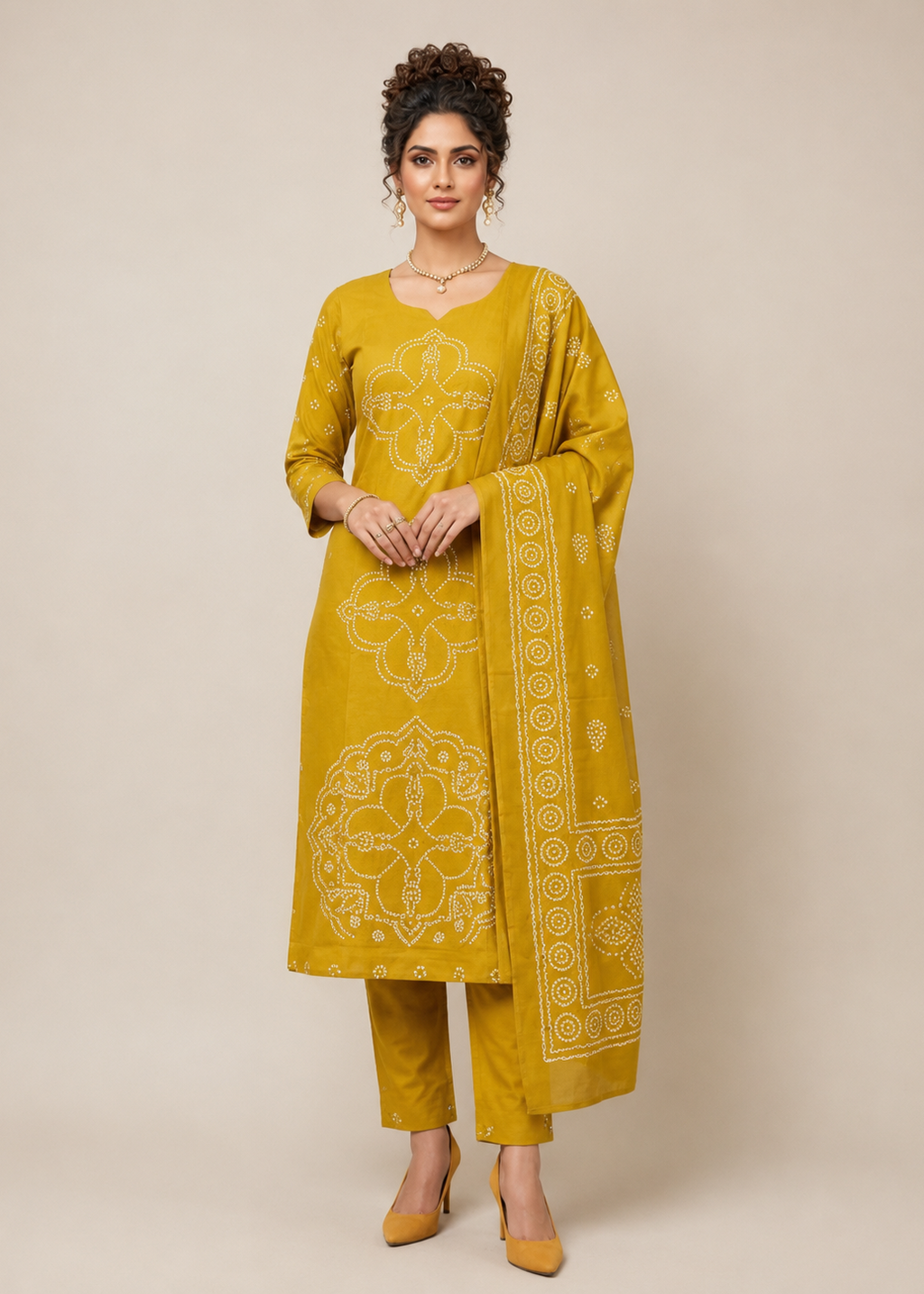 Mustard Yellow Dabu Placement Print Kurta Set With Dupatta