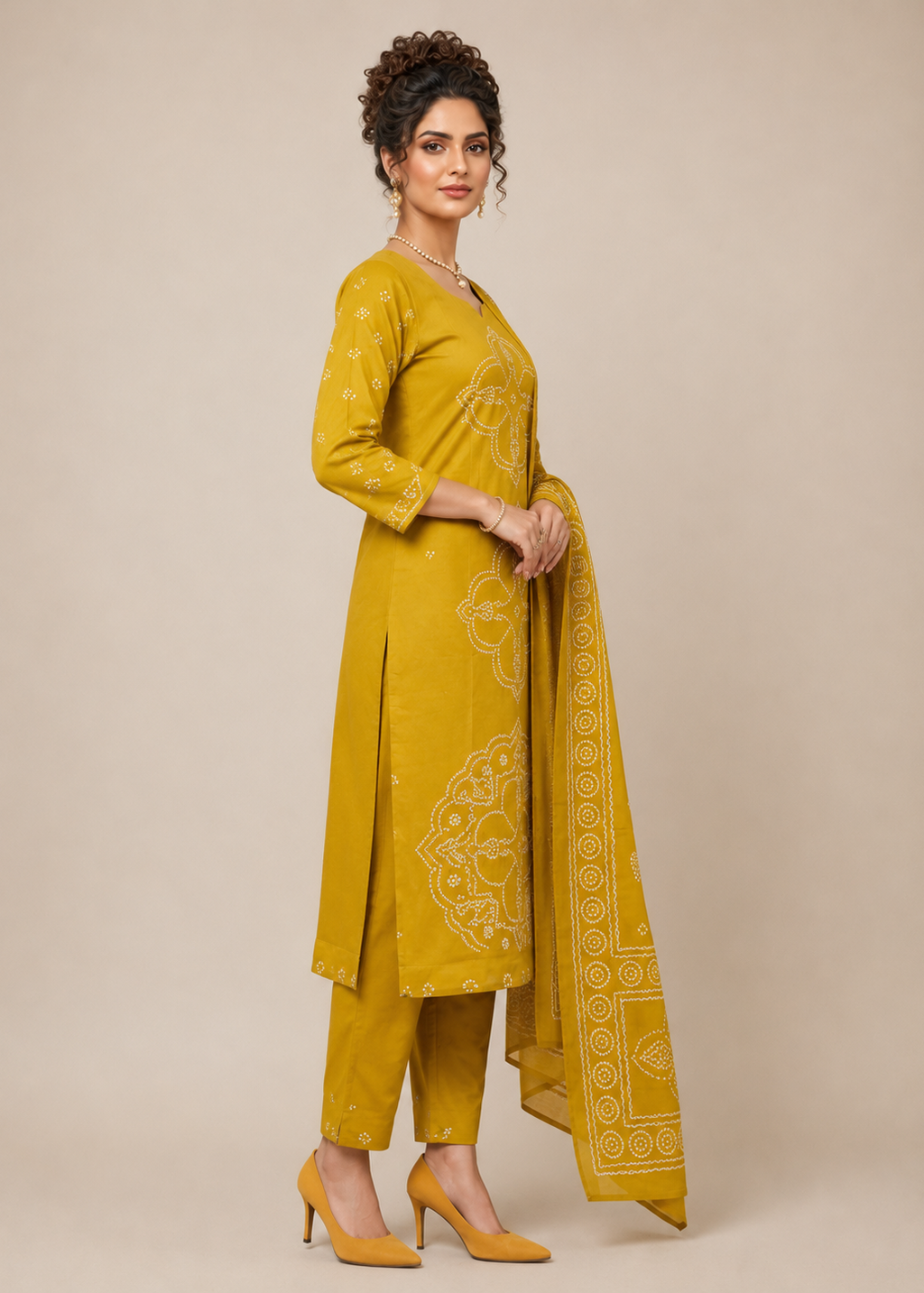 Mustard Yellow Dabu Placement Print Kurta Set With Dupatta