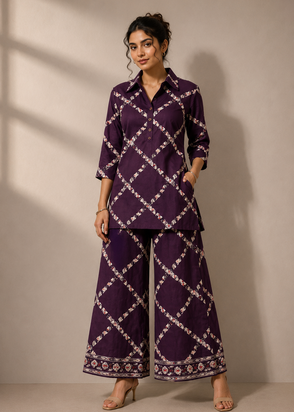 A woman modeling a matching purple two-piece kurta set with a white geometric lattice pattern, featuring a long-sleeve button-up top and wide-leg trousers, set against a neutral beige wall with soft window shadows.