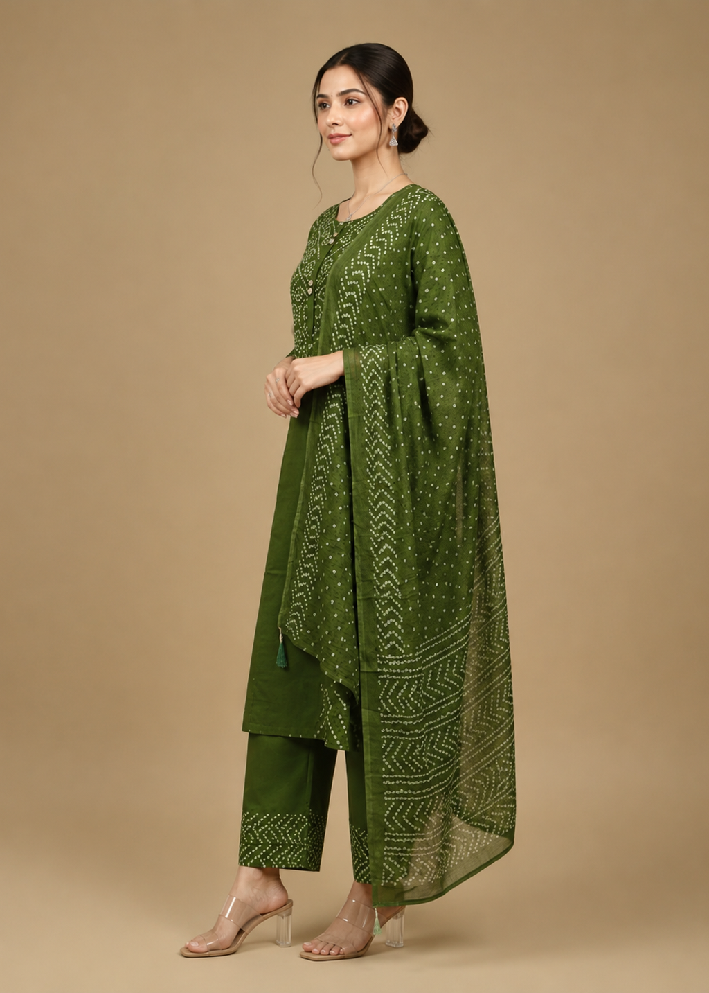 Olive Green Dabu Print Kurta Set With Dupatta