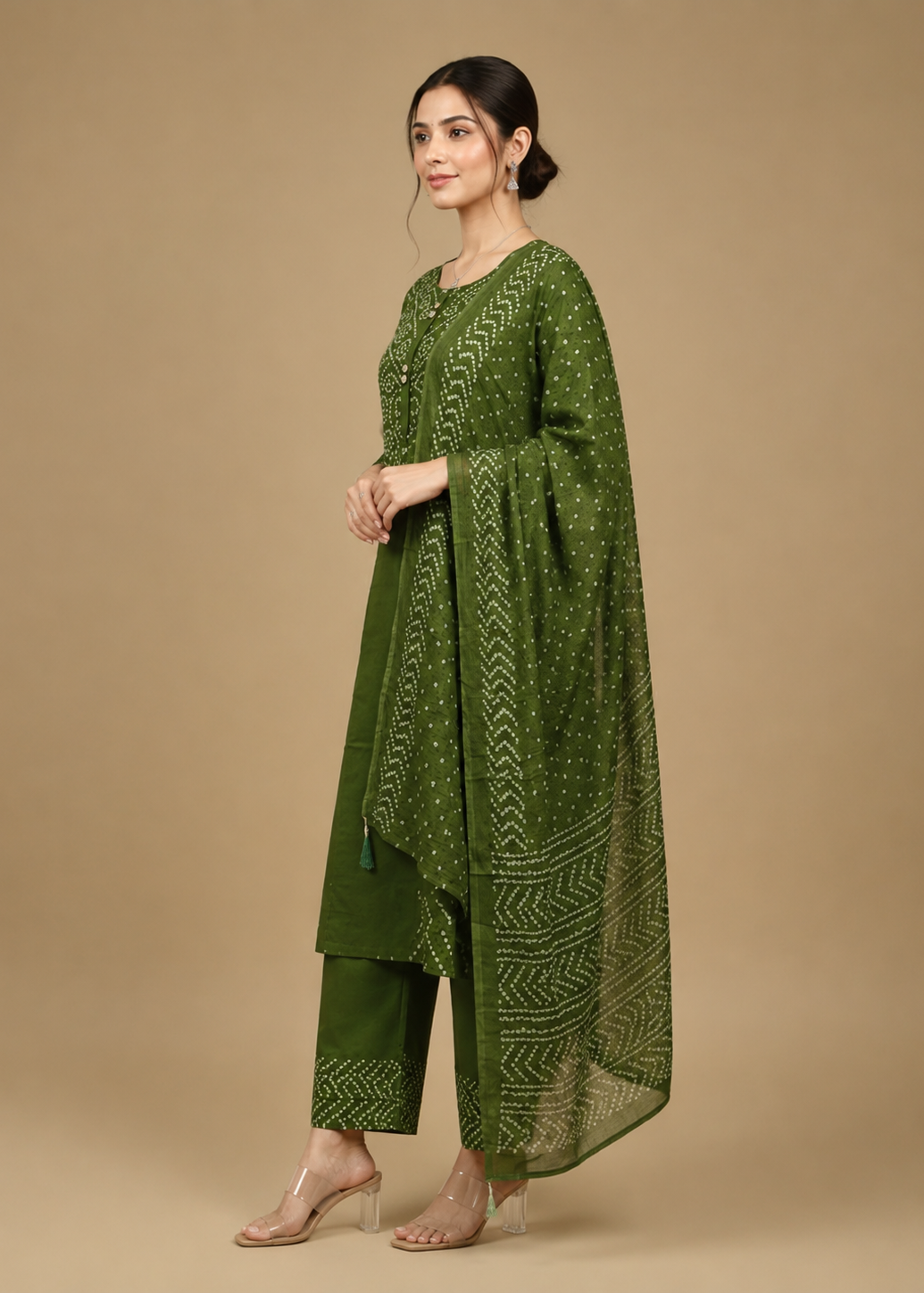 Olive Green Dabu Print Kurta Set With Dupatta