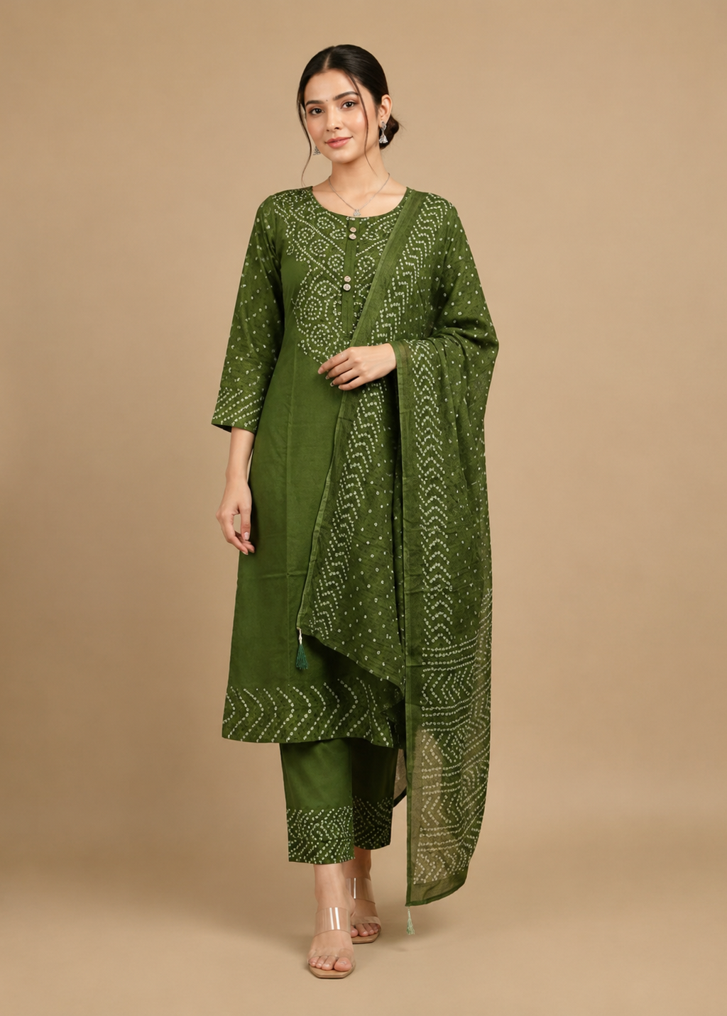 Olive Green Dabu Print Kurta Set With Dupatta