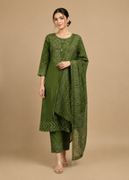 Olive Green Dabu Print Kurta Set With Dupatta