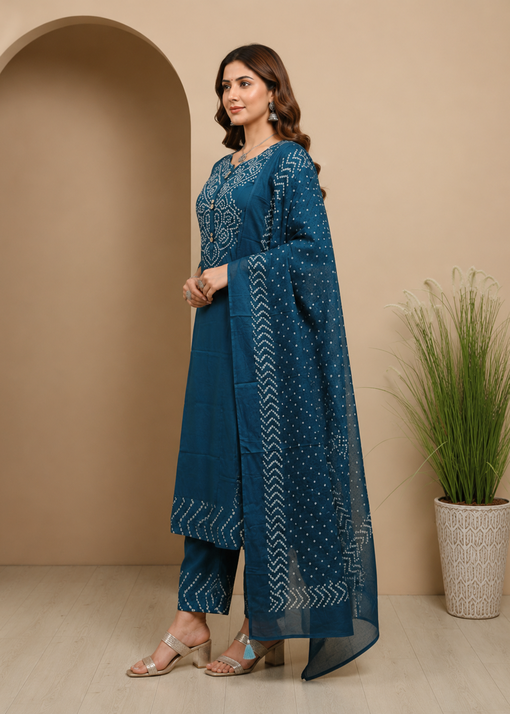 Teal Blue Dabu Print Kurta Set With Dupatta
