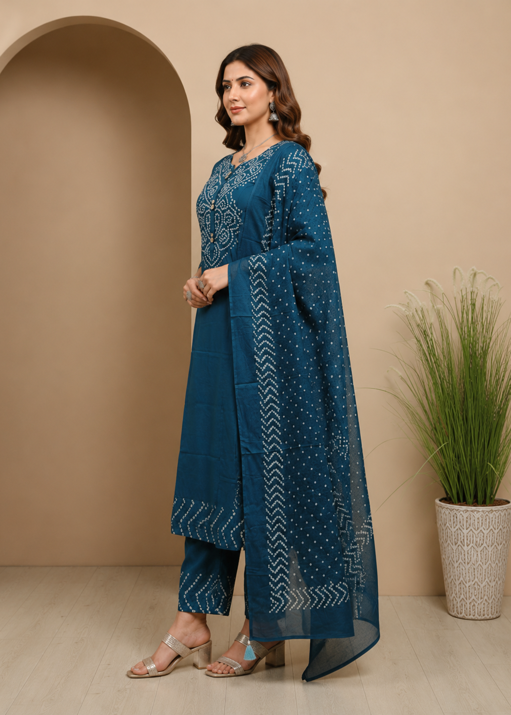 Teal Blue Dabu Print Kurta Set With Dupatta