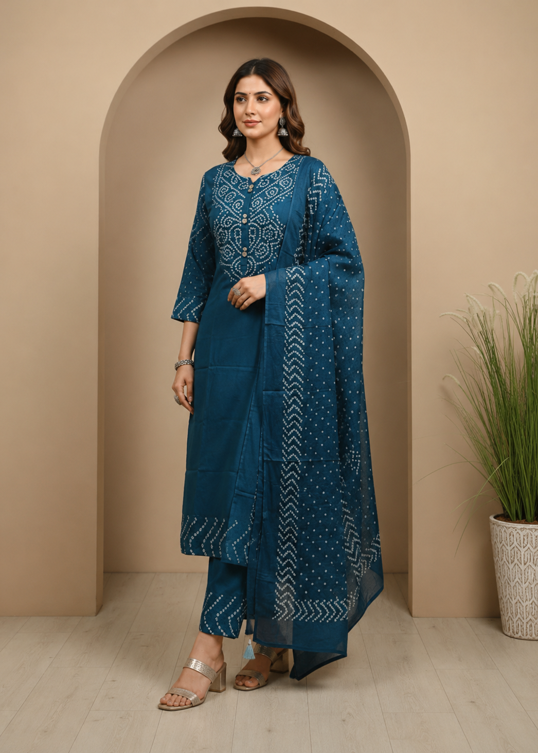 Teal Blue Dabu Print Kurta Set With Dupatta