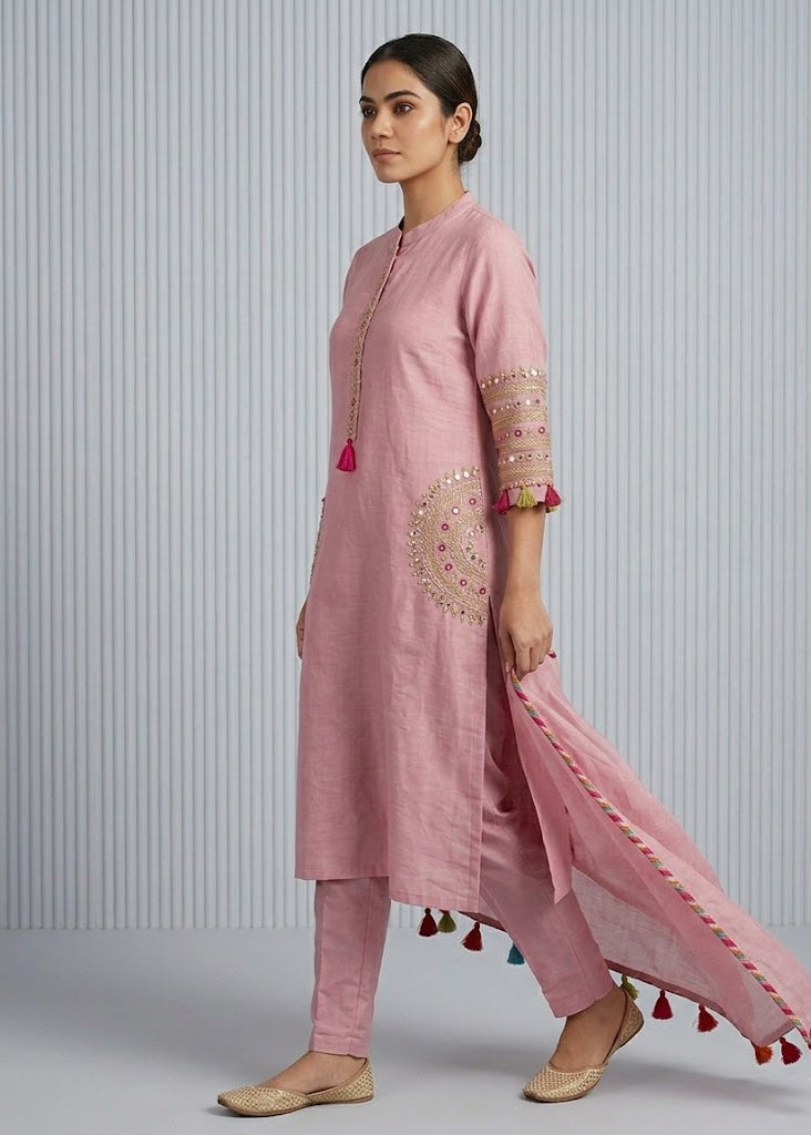 Intricate Pink Embroidered Kurta Set with Dupatta for Women